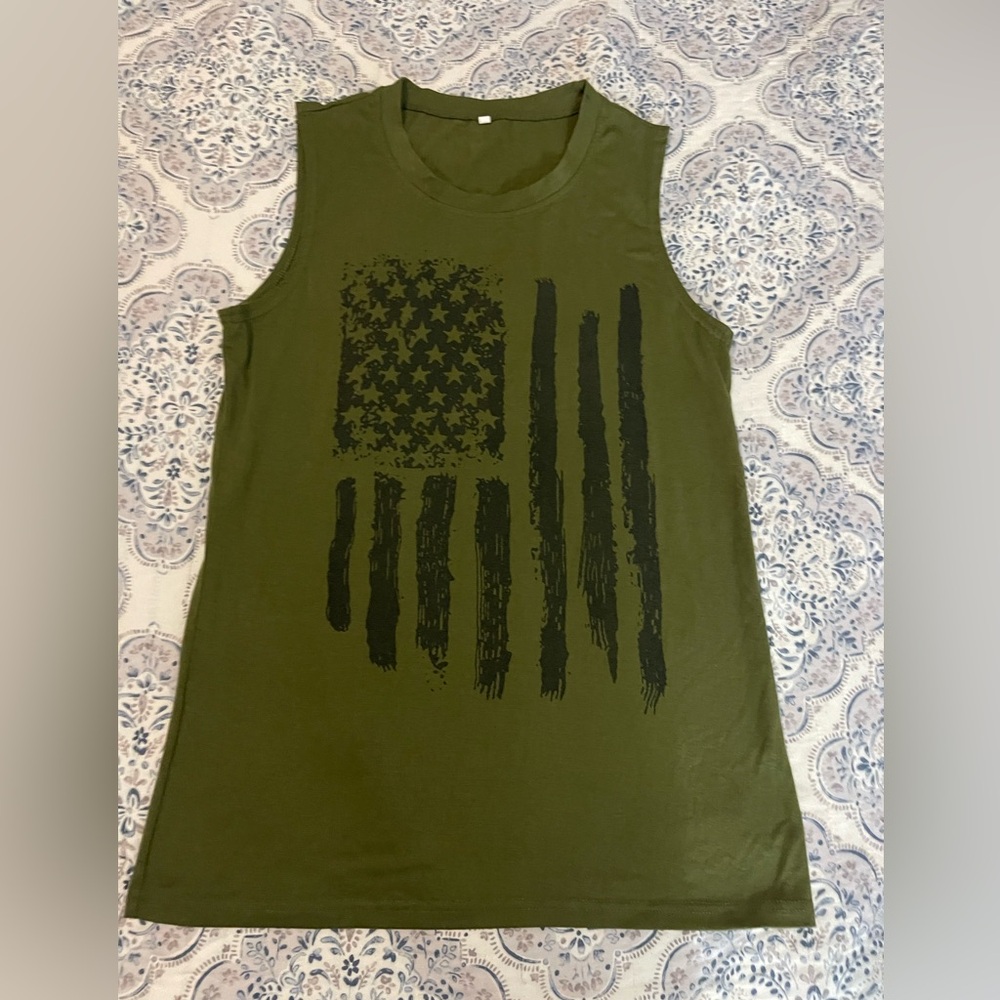 Olive Green Tank Top with Black Flag Design
